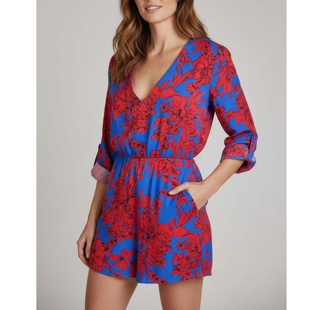 Alice + Olivia Floral V Neck Romper Blue Red Size 2 Silk Blend